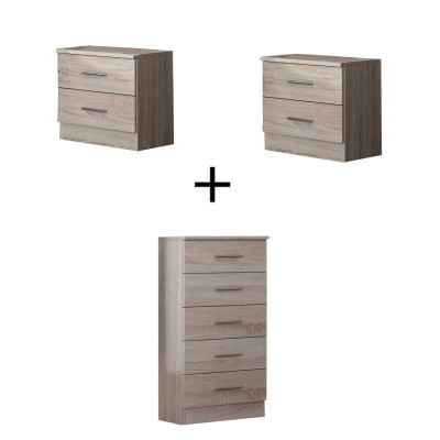 Pack 2 Mesas de Cabeceira 2 Gavetas + Camiseiro 5 Gavetas 46cm Atlanta