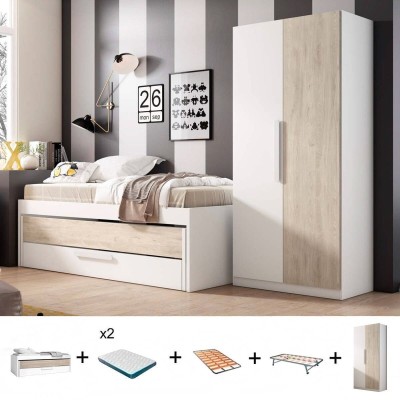 Pack Dormitorio Completo Estelle c/ Armario + Somiers + 2 Colchones Basic 15HR (190x90cm)