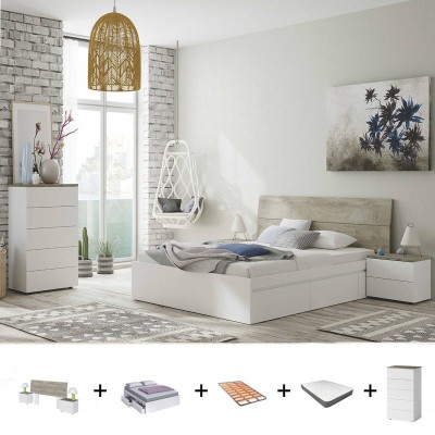 Pack Dormitorio Completo New Dreams c/ Sinfonier (Blanco Artic/Roble Alaska) + Somier + Colchón Premium 17HR (190x150cm)