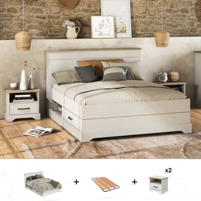 Pack Dormitorio Completo Cottage con 2 Mesitas de Noche + Somier (190x140cm)
