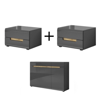 Pack 2 Mesitas de Noche + Cómoda Hektor (Gris)