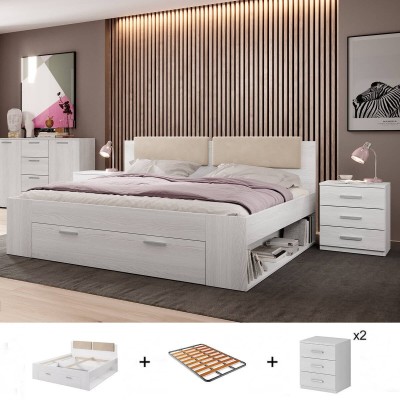 Pack Cama Galaxy (Blanca) c/ 2 Mesitas de Noche + Somier (200x180cm)
