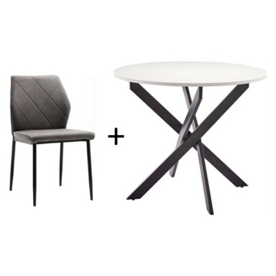 Pack Mesa de Comedor Bolton (Blanco/Negro) + 4 Sillas Preston (Gris)
