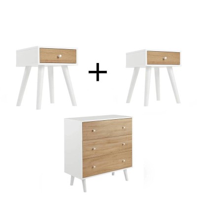 Pack 2 Mesita de Noche + Cómoda Larsen (Roble/Blanco)