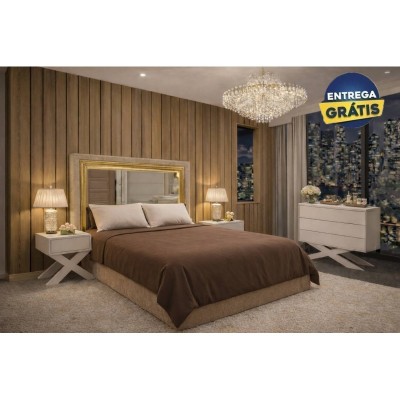Quarto Completo Nikita c/ 2 Mesas de Cabeceira + Cómoda Shine e Colchão Luxury (200x160cm)
