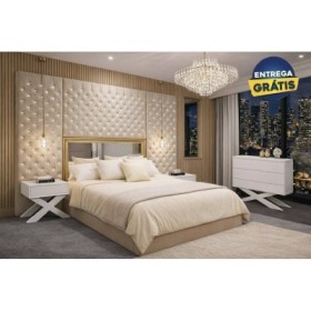 Quarto Completo Lady Diana c/ 2 Mesas de Cabeceira + Cómoda Shine e Colchão Luxury (200x160cm)