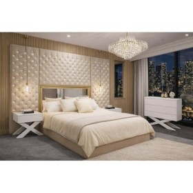 Cama de Casal Estofada Lady Diana em Capitoné c/ Cristais e Espelho (250cm de altura) + Colchão Opc.