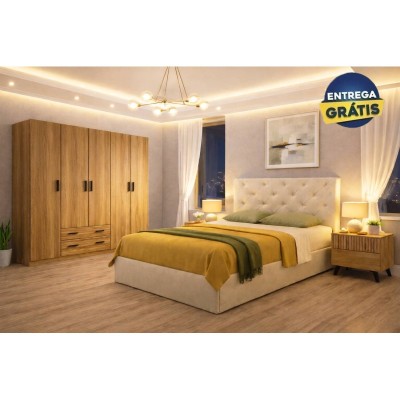 Quarto Completo Orlando c/ 2 Mesas de Cabeceira + Roupeiro Rapid e Colchão Momento (200x160cm)
