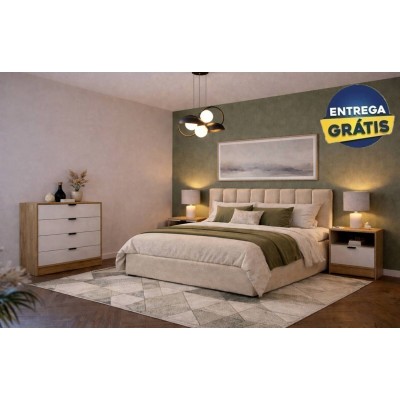 Quarto Completo Maria c/ 2 Mesas de Cabeceira + Cómoda Nepon e Colchão Momento (200x160cm)