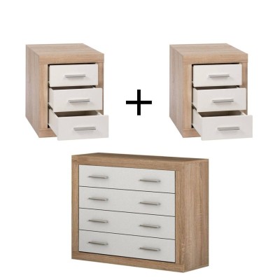 Pack 2 Mesitas de Noche Sara + Cómoda Sara (Cambria/Blanco)
