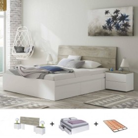Pack Dormitorio Completo New Dreams c/ Cama Kendra (Blanco Artic/Roble Alaska) + Somier (190x150cm)