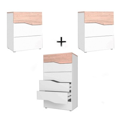 Pack 2 Mesitas de Noche 3G + Cómoda Cannes Blanco Mate/ Sahara 6G