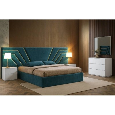 Cama de Casal Estofada Luiza c/ Detalhes Dourados (Cabeceira Longa) + Colchão Opc.