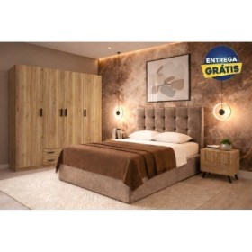 Quarto Completo Armani c/ 2 Mesas de Cabeceira + Roupeiro Rapid e Colchão Momento (200x160cm)