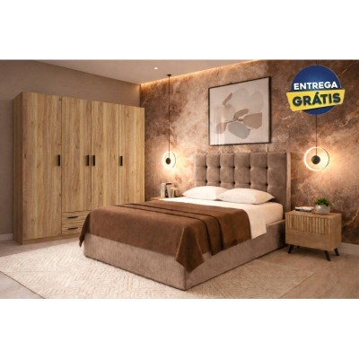 Quarto Completo Armani c/ 2 Mesas de Cabeceira + Roupeiro Rapid e Colchão Momento (200x160cm)